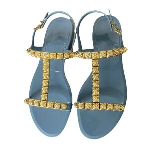 Stuart Weitzman JELROSE Jeweled/Studded‎ T-strap Jelly Sandals Blue/Gold Sz 8
